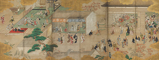 Autumn in the Yoshiwara;  Cherry Blossom Viewing Party, Hishikawa Morohira (Japanese, active 1688–1711), Pair of six-panel folding screens; ink, color, and gold-leaf on paper, Japan